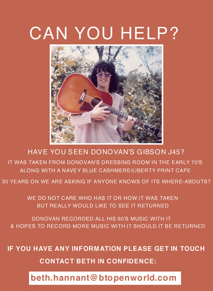Donovan's lost Gibson J45 - Have you seen this guitar?